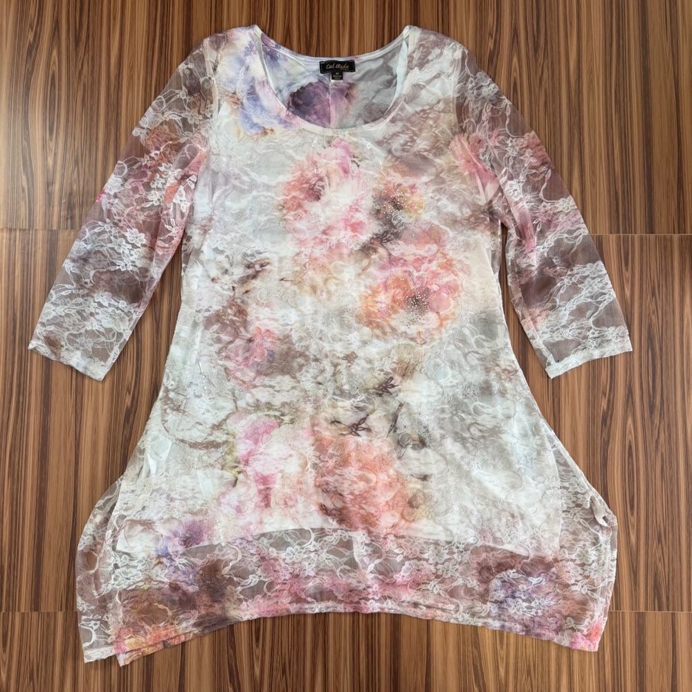Y2K Fairycore Floral Lace Tunic Top Sheer Mesh Overlay Blouse Cal Style Size M